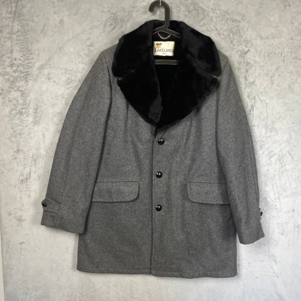 Vintage Lakeland Mens 40 Gray Wool Faux Fur Shawl Collar Overcoat